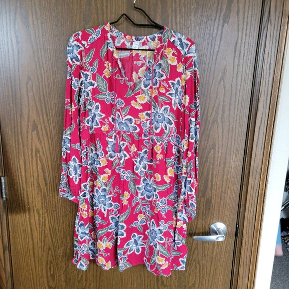 Old Navy Boho Chic Tassel Tie Red Blue Long Sleeve Fall Floral Dress Size Medium - Picture 1 of 14